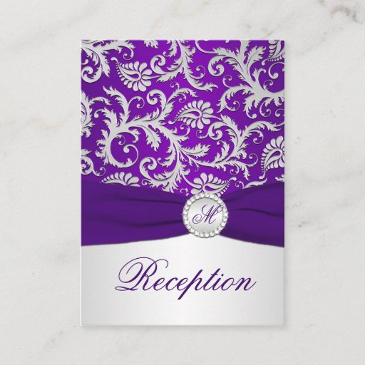 Customizable Royal Purple and Silver Damask Enclosure Card Business Card Template