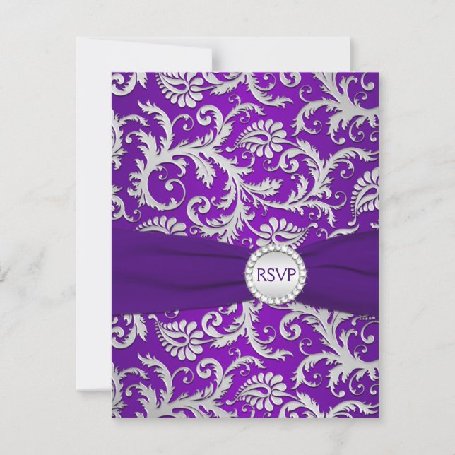 Royal Purple and Silver Damask RSVP Card (Front)