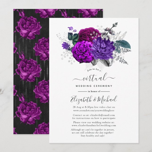 Royal Purple and Silver Floral Virtual Wedding Invitation (Front/Back)