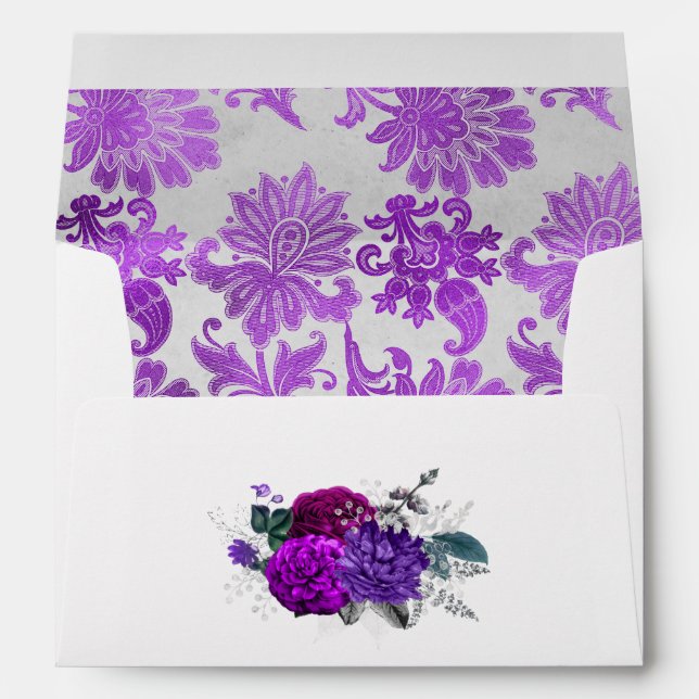 Royal Purple and Silver Floral Wedding Envelope (Back (Bottom))