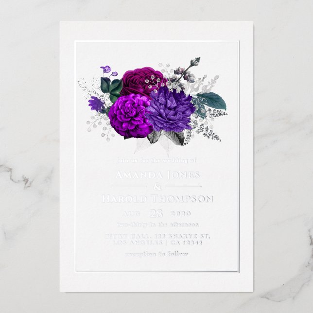 Royal Purple and Silver Floral Wedding Foil Invitation (Front)