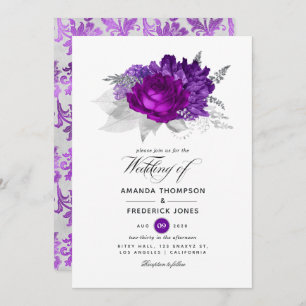 Royal Purple and Silver Floral Wedding Invitation