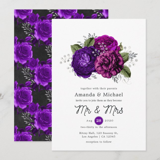 Royal Purple and Silver Floral Wedding Invitation (Front/Back)