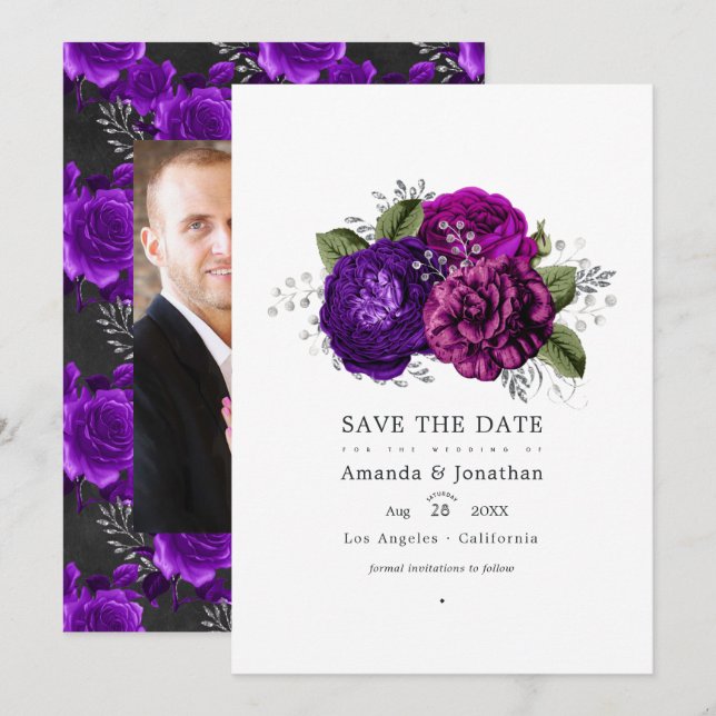 Royal Purple and Silver Floral Wedding Photo Save The Date (Front/Back)