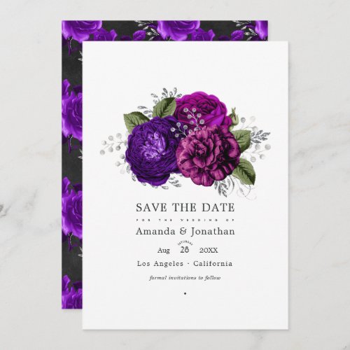 Royal Purple and Silver Floral Wedding Photo Save The Date