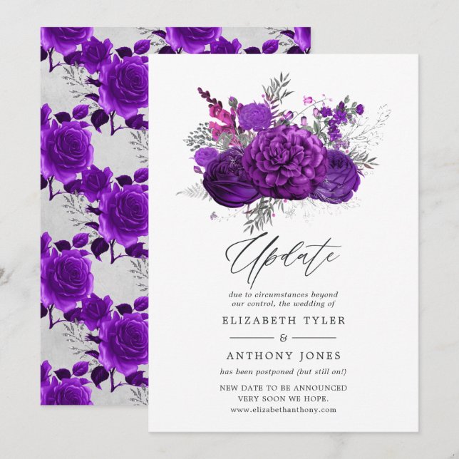 Royal Purple and Silver Floral Wedding Update Invitation (Front/Back)