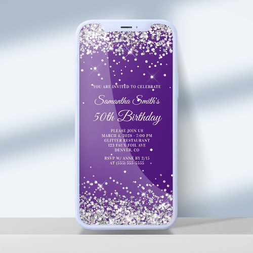 Royal Purple and Silver Glitter 50th Birthday Invitation