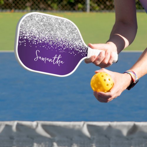Royal Purple and Silver Glittery Glam Script Name Pickleball Paddle