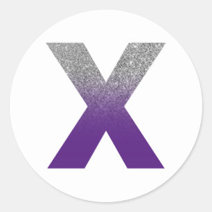 Royal Purple and Silver Ombre Glitter Monogram X Classic Round Sticker
