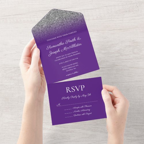 Royal Purple and Silver Ombre Glitter Wedding All In One Invitation