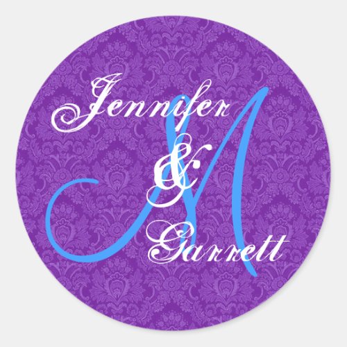 ROYAL PURPLE and TURQUOISE  Wedding Monogram Classic Round Sticker