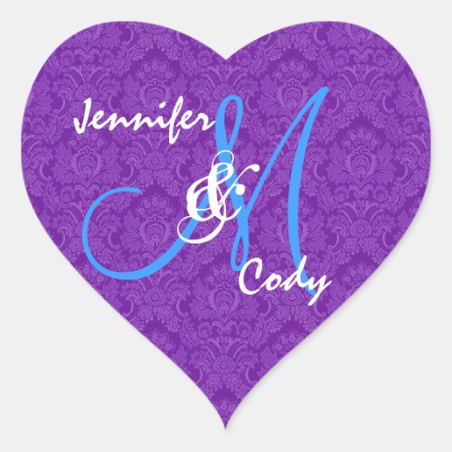 ROYAL PURPLE and TURQUOISE  Wedding Monogram V2 Heart Sticker