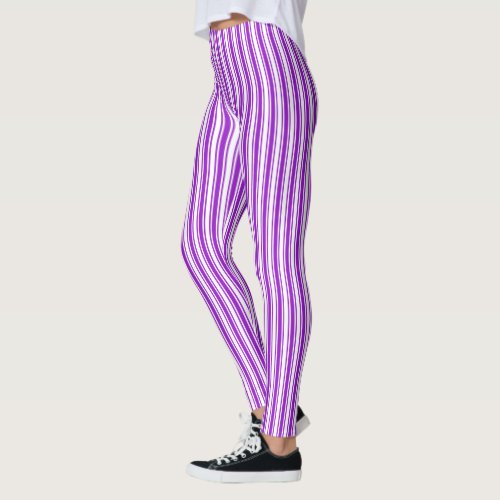 Royal purple and white candy stripes leggings