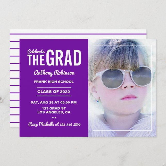 Royal Purple and White Graduation Party Photo Invitation (Front/Back)