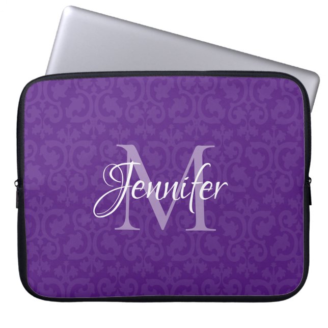 Royal Purple and White Monogram Damask Laptop Sleeve (Front)
