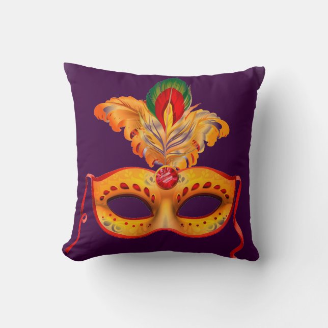 Royal Purple and yellow feather Masquerade mask Throw Pillow (Front)