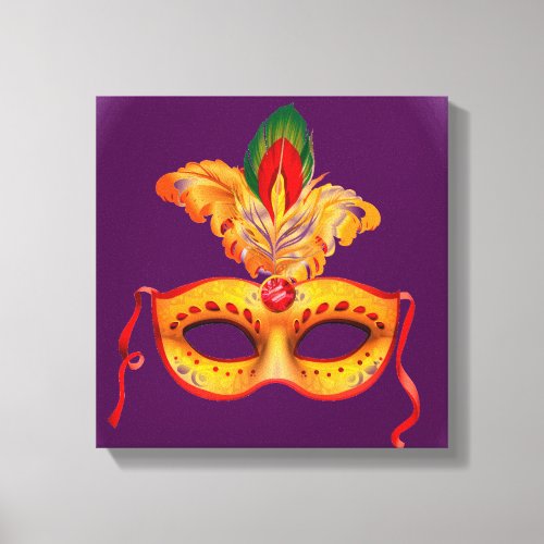 Royal purple and yellow theatre mask with feathers canvas print