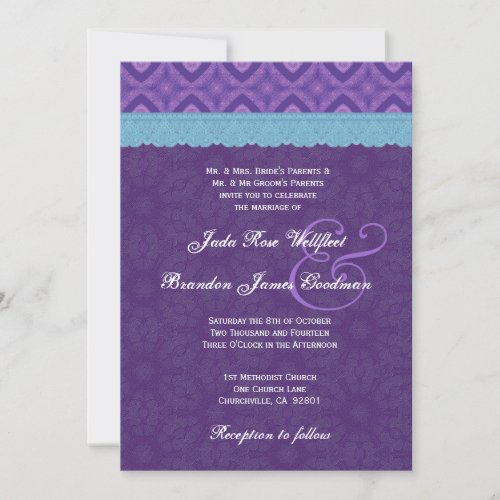 Royal Purple Aqua Blue Lace Wedding V18 Invitation