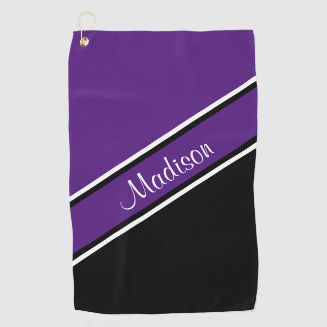 Royal Purple Black Diagonal Stripe Script Name Golf Towel (Front)