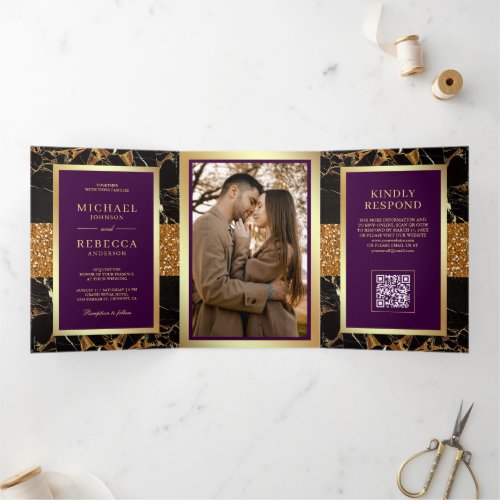 Royal Purple Black Marble Gold QR Code Wedding Tri-Fold Invitation