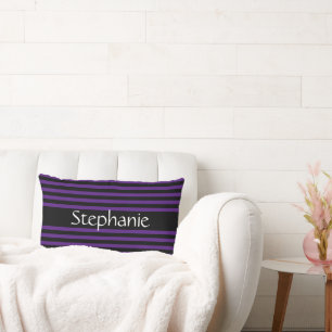 Royal Purple Black Stripes White Custom Name Lumbar Pillow