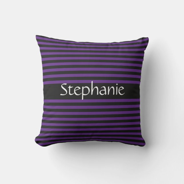 Royal Purple Black Stripes White Custom Name Outdoor Pillow (Front)