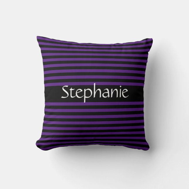 Royal Purple Black Stripes White Custom Name Throw Pillow (Front)
