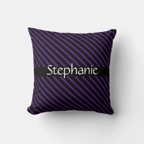 Royal Purple Black White Custom Name Stripes Throw Pillow