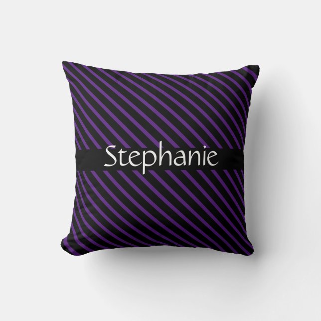 Royal Purple Black White Custom Name Stripes Throw Pillow (Front)