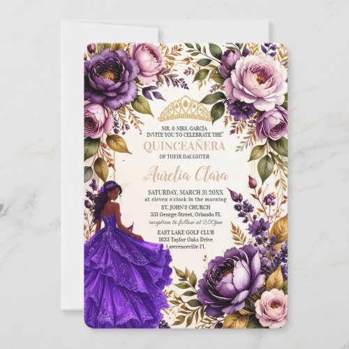 Royal Purple Blush Floral Princess Quinceanera 16 Invitation