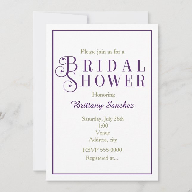 Royal Purple Bridal Shower Classy Invitation (Front)