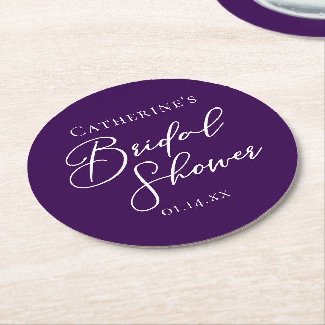 Royal Purple Bridal Shower Personalized Round Paper Coaster (Angled)