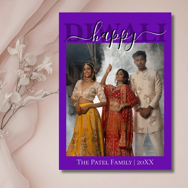 Royal Purple Calligraphy Photo Happy Diwali  Holiday Card (Creator Uploaded)
