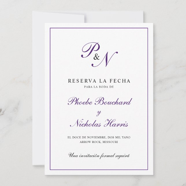 Royal Purple Classic Elegant Spanish Wedding Save The Date (Front)