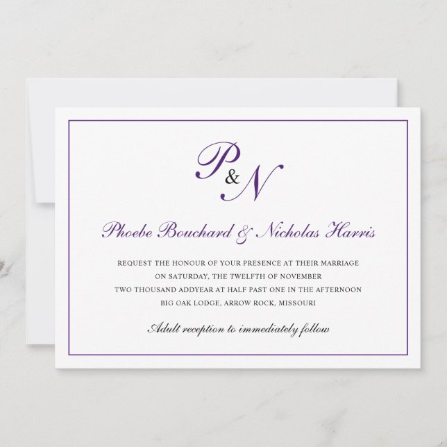 Royal Purple Classic Elegant Wedding Invitation (Front)
