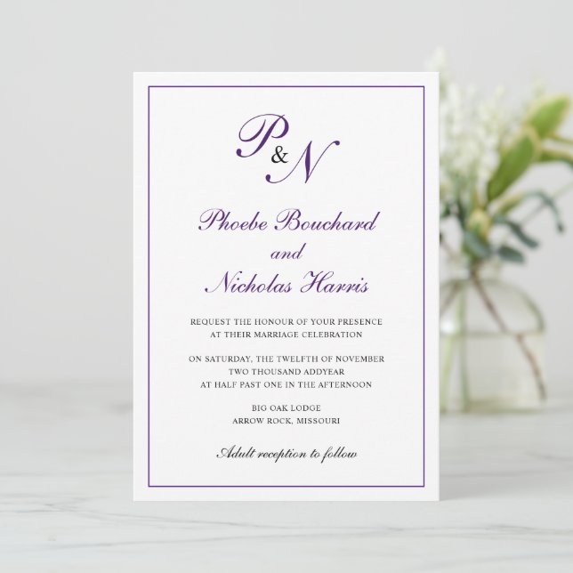 Royal Purple Classic Elegant Wedding Invitation (Standing Front)