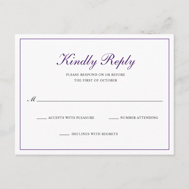 Royal Purple Classic Elegant Wedding RSVP Invitation Postcard (Front)