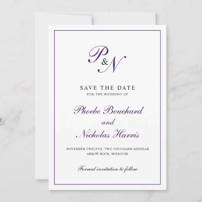 Royal Purple Classic Elegant Wedding Save The Date (Front)