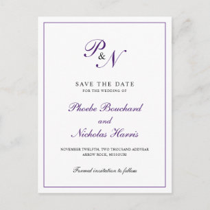 Royal Purple Classic Elegant Wedding Save the Date Announcement Postcard