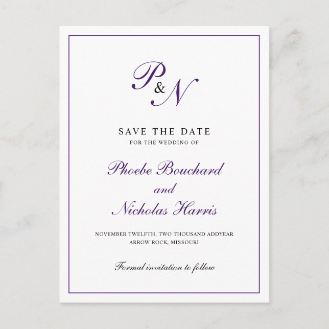Royal Purple Classic Elegant Wedding Save the Date Announcement Postcard (Front)