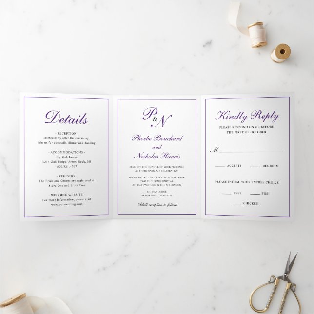 Royal Purple Classic Elegant Wedding Tri-Fold Invitation (Inside)