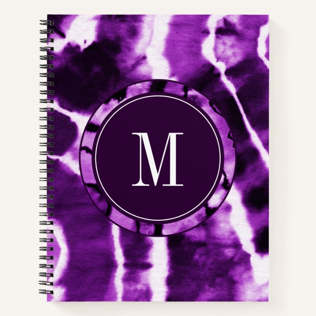 Royal Purple Cool Boho Tie Dye Watercolor Monogram Notebook (Front)