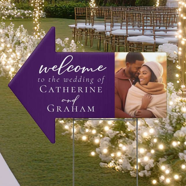 Royal Purple Couple Photo Wedding Arrow Yard Sign (Creator Uploaded)