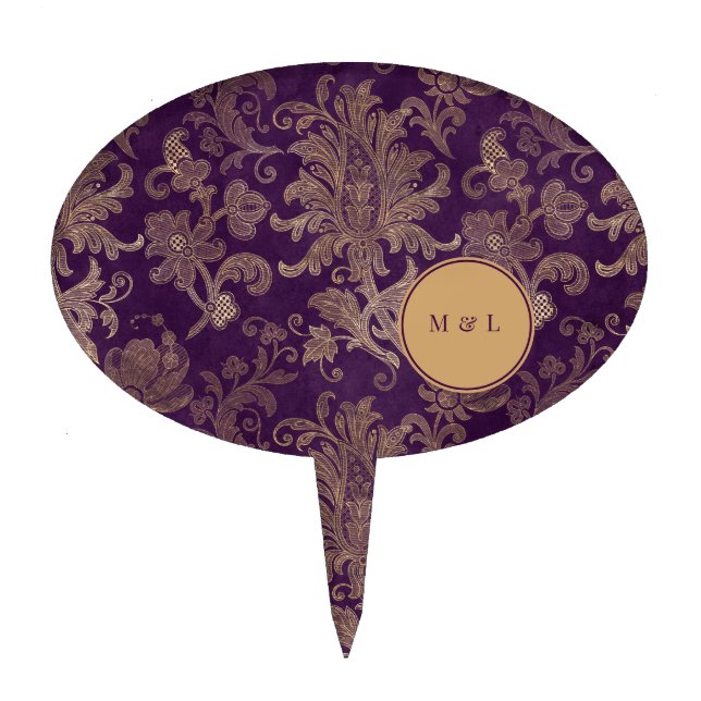 Royal Purple Damask Monogram Wedding Cake Topper (Front)