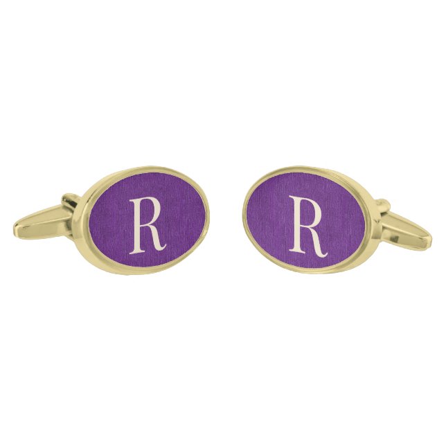 Royal Purple Denim Monogram Oval Gold-Plated Cufflinks (Angled)