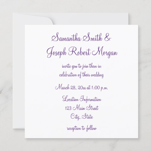 Royal Purple Elegant Calligraphy White Wedding Invitation