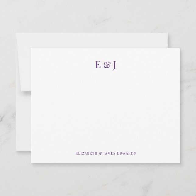 Royal Purple Elegant Couple Initials Personalized Note Card (Front)