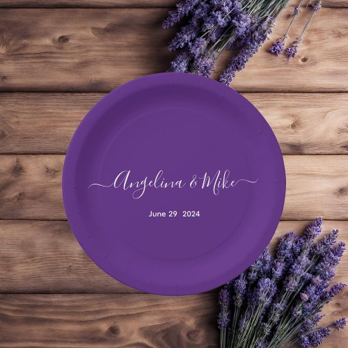 Royal purple _ elegant script personalized paper plates