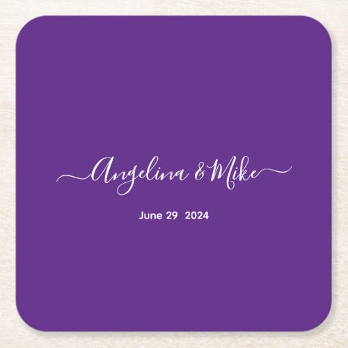 Royal purple _ elegant script personalized square paper coaster