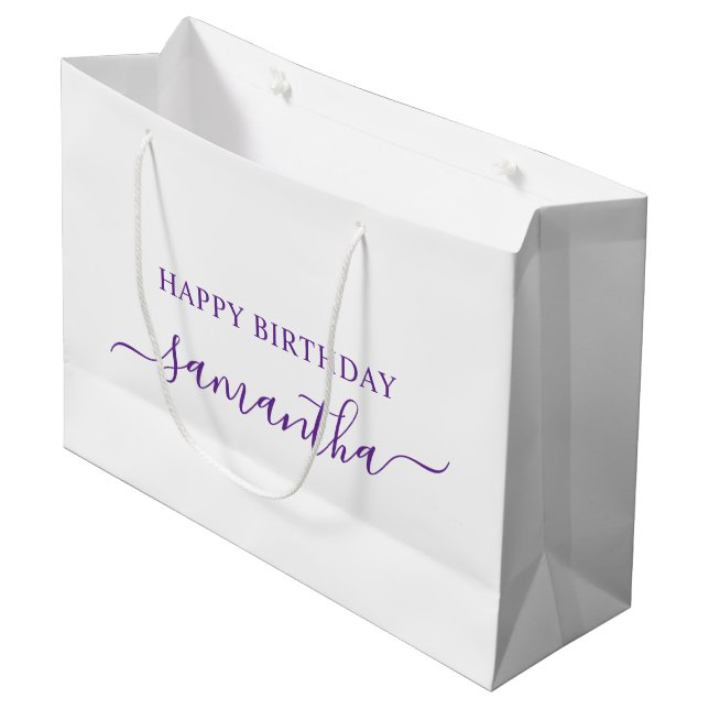 Royal Purple Elegant Script Signature Name Large Gift Bag (Front Angled)